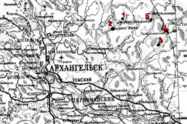 Карта с местами расположения крупных «командировок» в Лявленских лесах. 1: Командировка '48 квартал', 2: спецлагерь 'Юрки', 3-5 'Соловецкие монахи'
